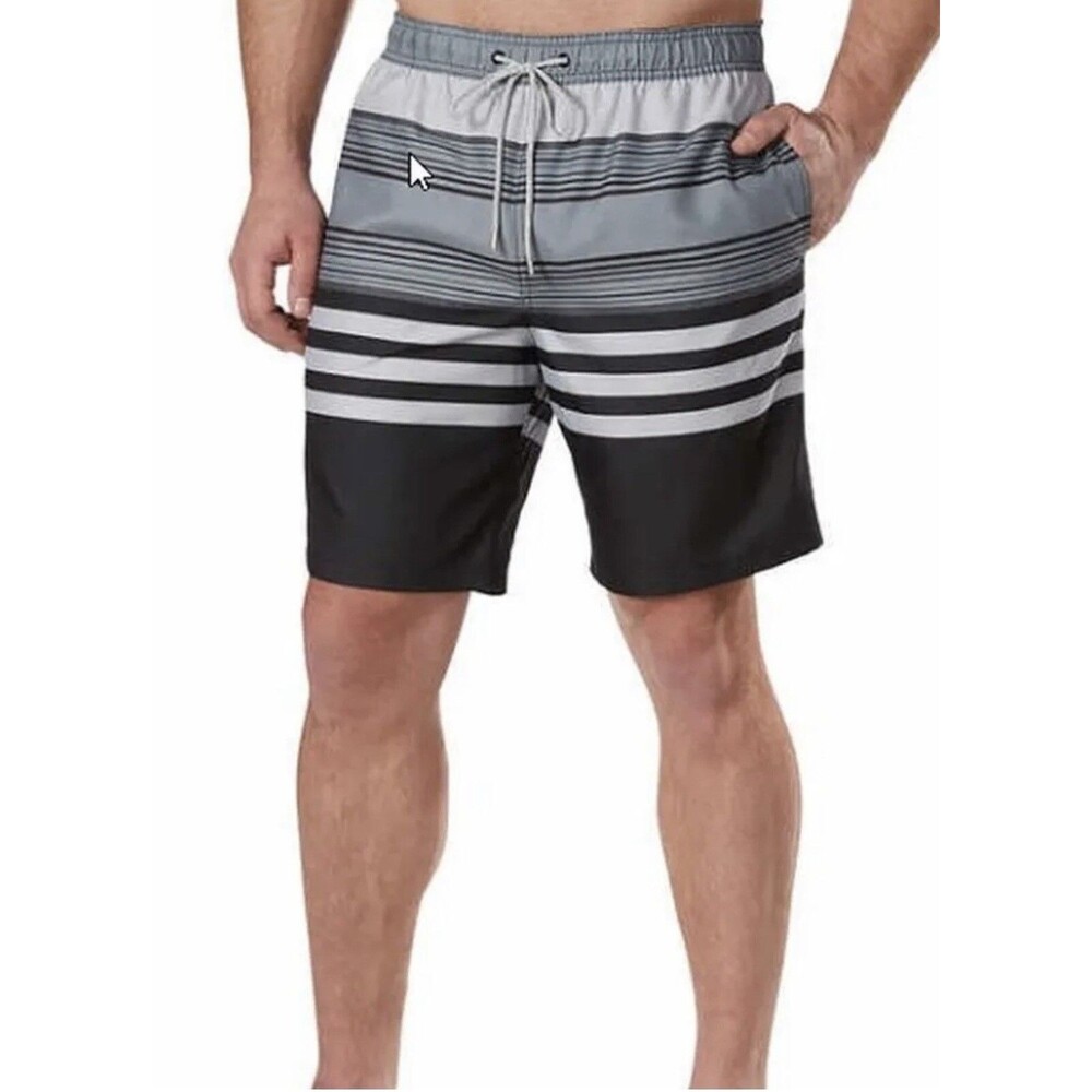 NWT Kirkland Signature Swim Trunks Mens Medium Charcoal Gray Stripe Pockets NEW